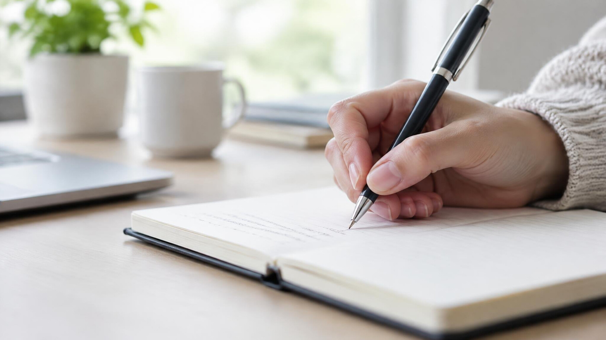 Hand writing notes in a notebook with a pen