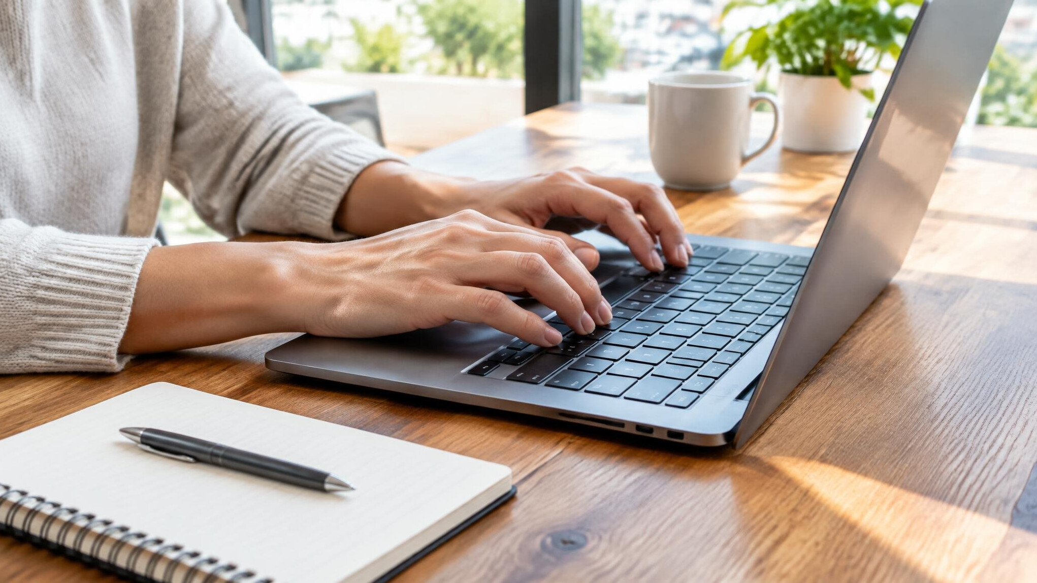 Hands typing on a laptop at a table