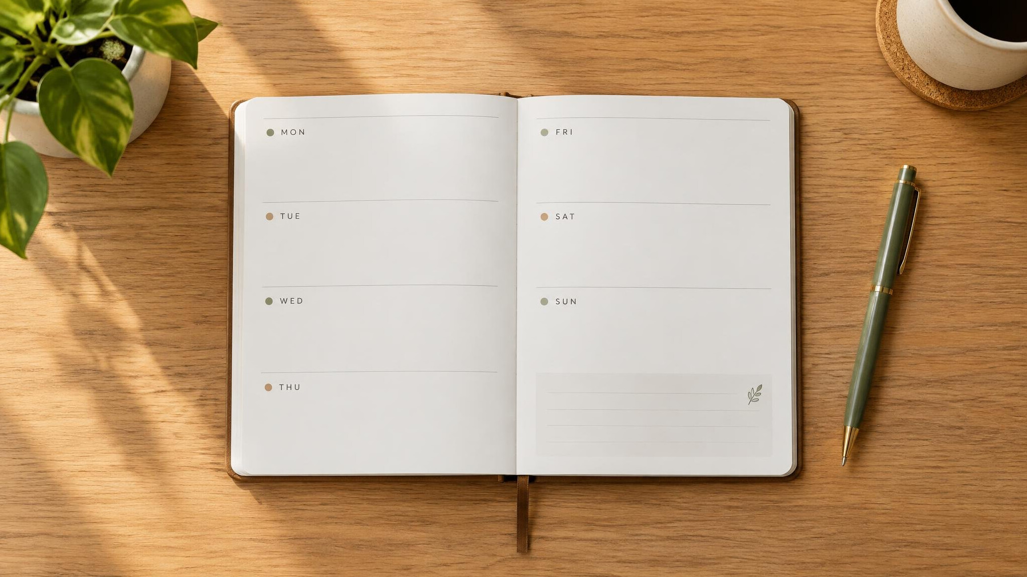 Weekly planner and pen on a desk