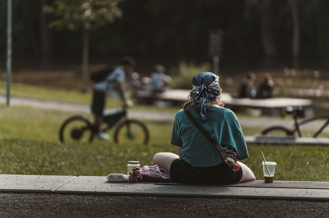 person taking break outdoors
